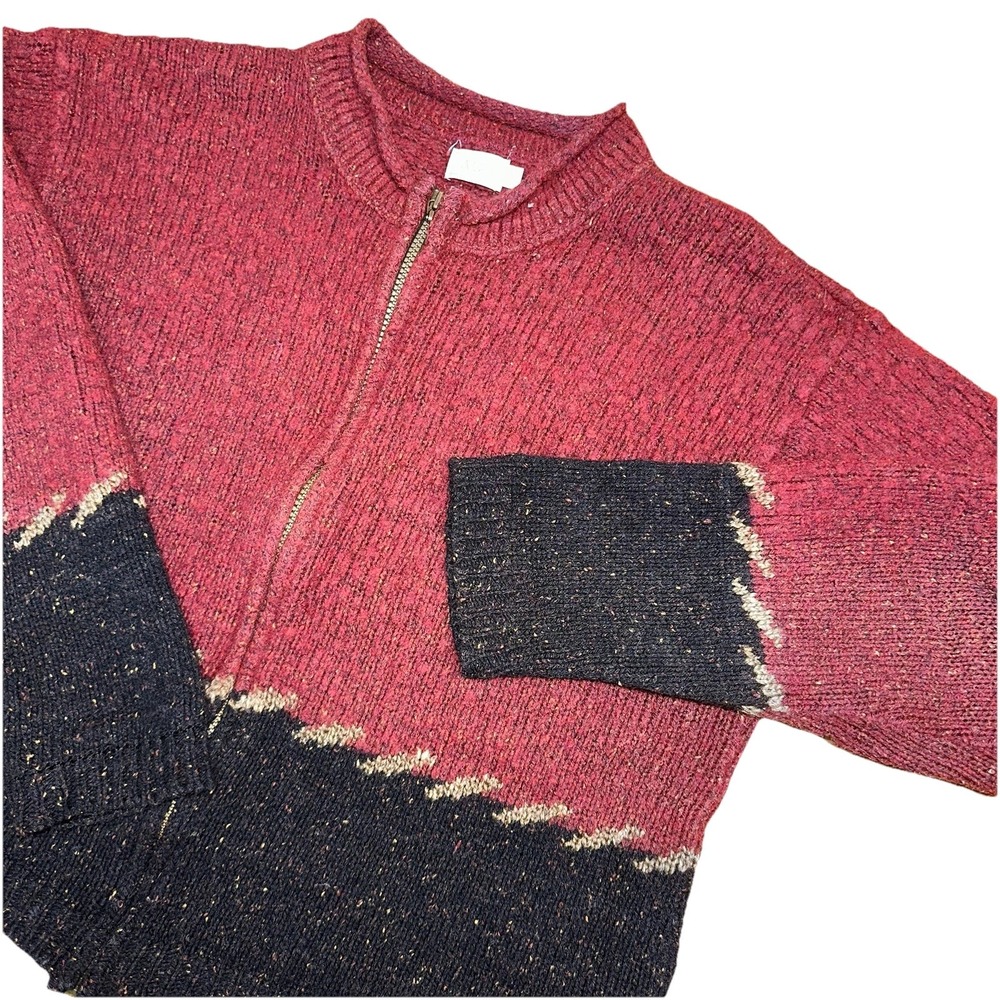 Vintage 90's Alps Wool Blend Zip Up Cardigan Sweater  Red Black‎ Women's XL Flaw